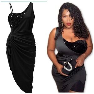 Black One Shoulder Sequin Body con High low Midi Dress